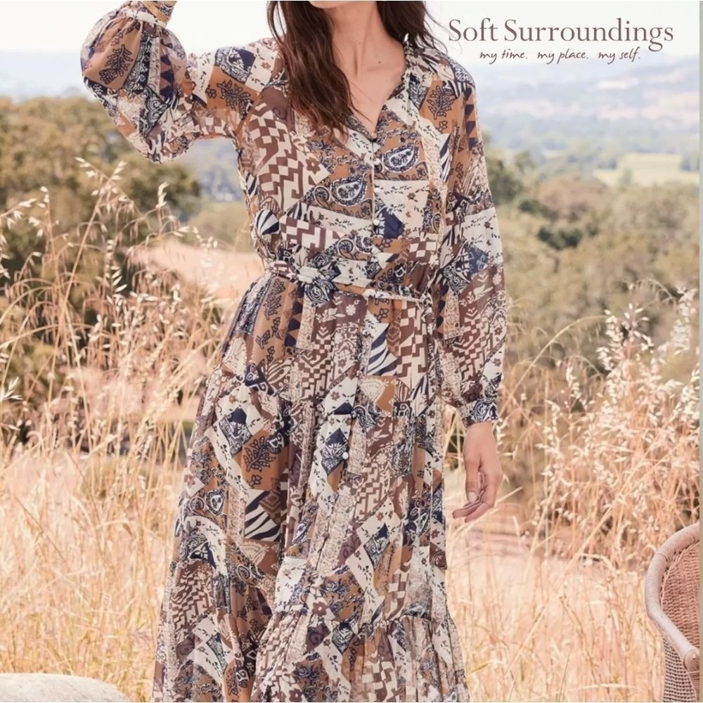 Soft Surroundings Maxi Dress Womens Patchwork Print Long Sleeve 2GA62 Multi L